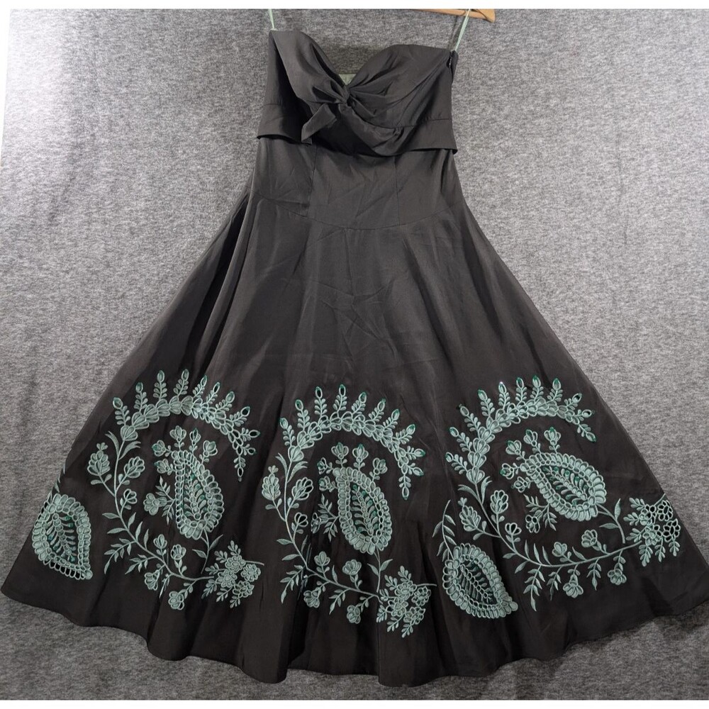 Monsoon Strapeless Dress Brown with Blue Embroided Zipper Detail Womans Size 10
